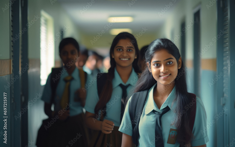 Indian teenage schoolgirls standing in an line at school