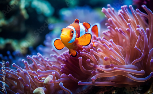 Underwater close-up of a colorful clownfish nestled among the tentacles of a sea anemone.