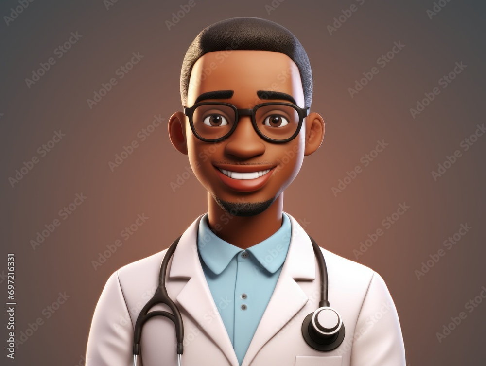3D Doctor. African american male character. Simple cartoon fun afro person with stethoscope and uniform.