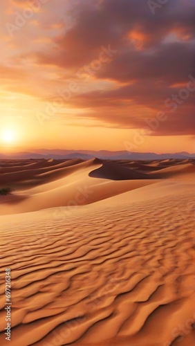 Desert Dunes at Dusk, The undulating sand dunes of a desert landscape, bathed in the warm colors of the setting sun, background image, generative AI