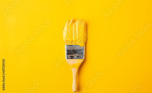 Paintbrush with yellow paint on a yellow background photo