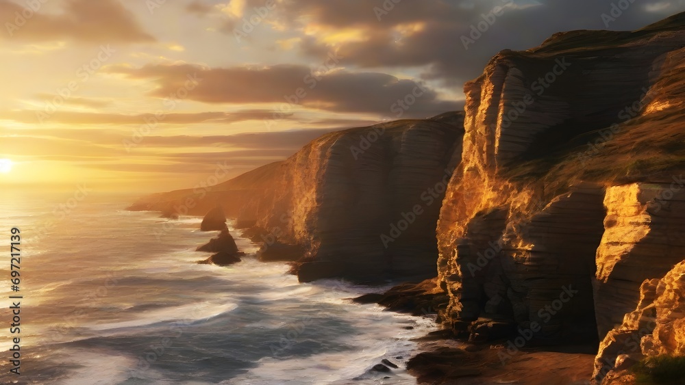 Coastal Cliffs at Sunset, Dramatic cliffs along the coastline with waves crashing below, illuminated by the golden glow of the setting sun, background image, generative AI - obrazy, fototapety, plakaty 