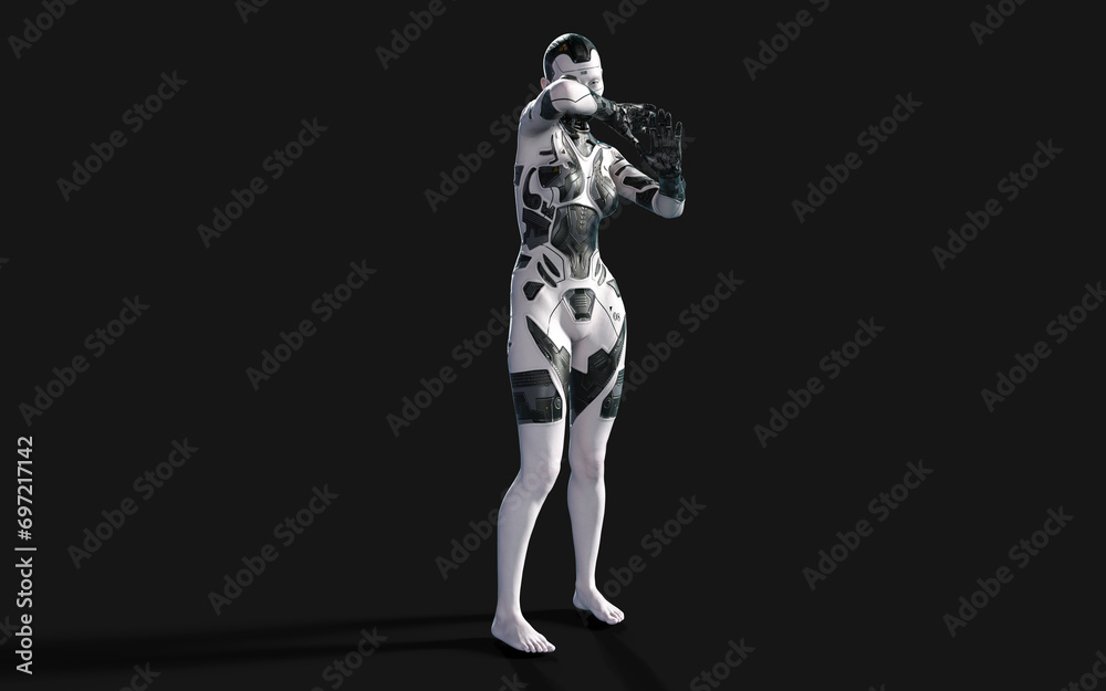 3d Illustration of A woman AI cyborg pose on black background with clipping path. AI project.