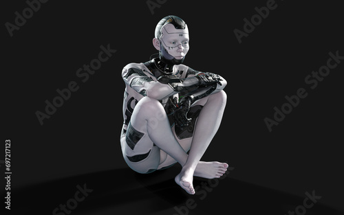 3d Illustration of A woman AI cyborg pose on black background with clipping path. AI project.