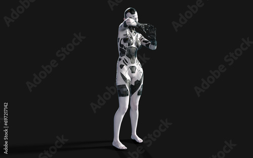 3d Illustration of A woman AI cyborg pose on black background with clipping path. AI project.