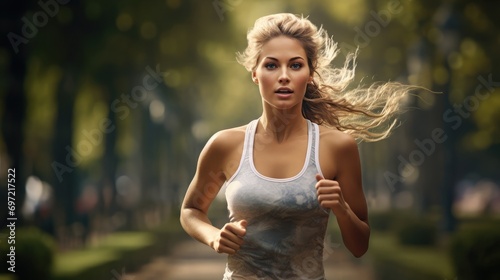 Outdoor sport. Woman running through the park