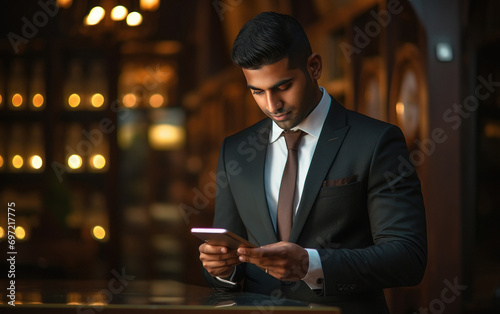 young indian handsome businessman using smartphone
