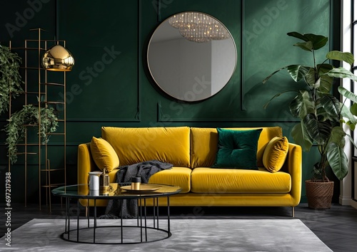 Modern green interior with sofa, plants and decor photo