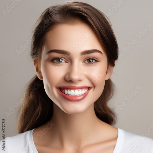 Beautiful wide smile of young fresh woman with great healthy white teeth. Isolated over background 