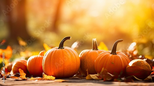 Pumpkin on a sunny fall autumn background with some leaves