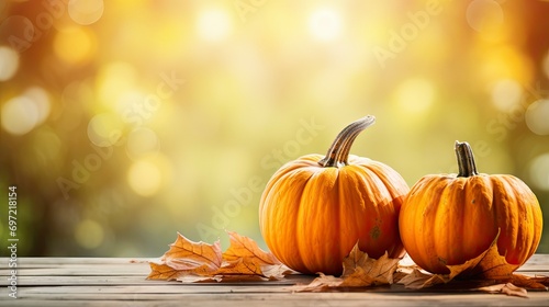 Pumpkin on a sunny fall autumn background  with some leaves