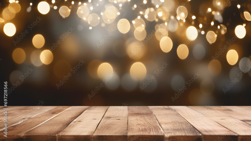 Wooden tabletop and blurred christmas tree background