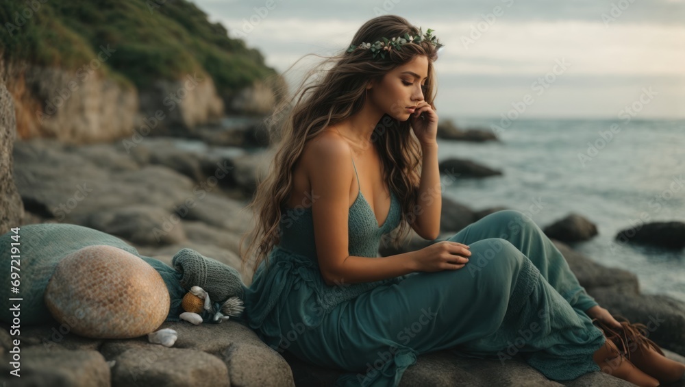 Beautiful girl in a blue dress sits on the rocks by the sea