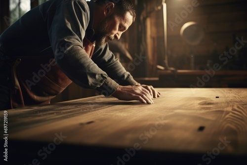 Woodworking Serenity: Within a Rustic Carpentry Studio, a Passionate Craftsman Engages in the Art of Handcrafted Excellence, Skillfully Shaping Wood into Functional and Artistic Creations.