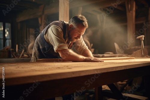 Woodworking Serenity: Within a Rustic Carpentry Studio, a Passionate Craftsman Engages in the Art of Handcrafted Excellence, Skillfully Shaping Wood into Functional and Artistic Creations.