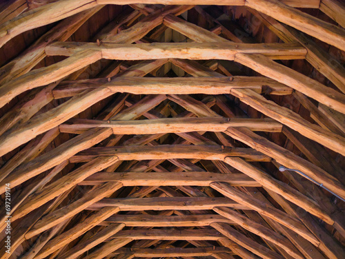 Scissor-braced trusses in the medieval roof of the Masons' Loft on the first floor of the L-shaped Chapter House vestibule building at York Minster.