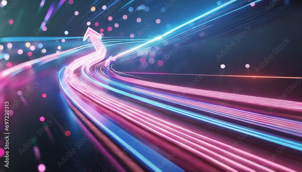 3d render abstract neon arrow turns right speed and technology concept glowing pink blue lines and bokeh lights