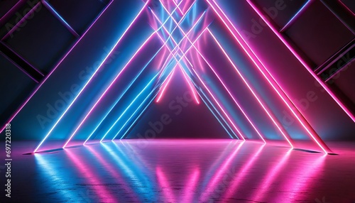 3d render abstract neon background with pink and blue neon lines and reflection on the floor
