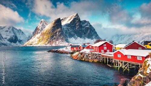 attractive morning scene of sakrisoy village norway europe bright winter view of lofoten islads witj typical red wooden houses beautiful seascape of norwegian sea traveling concept background photo