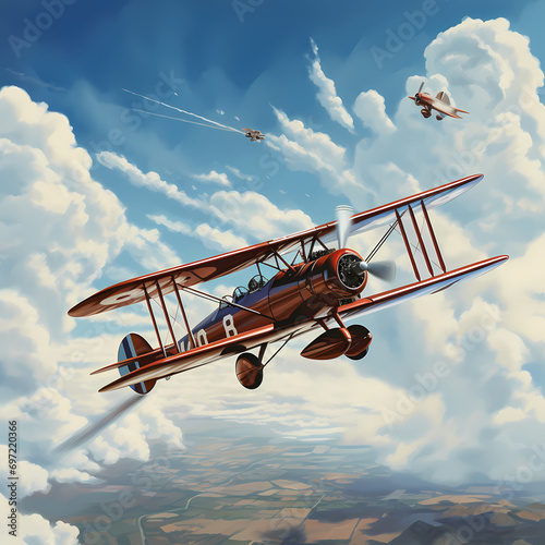Vintage biplanes performing aerobatic stunts in a clear blue sky.