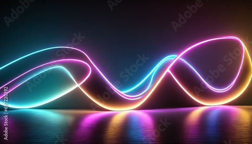 3d render abstract neon background fluorescent ines glowing in the dark room with floor reflection virtual dynamic curvy ribbon fantastic panoramic wallpaper digital data transfer energy concept photo