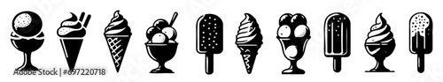 Sketch Ice cream icons frozen creamy desserts, gelato ice cream, wafer cone, caramel eskimo or chocolate glaze sundae whipped cream and fruit ice, fresh vanilla scoops photo