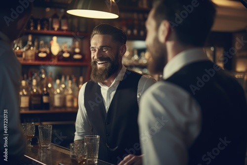 Elixir Maestro: Amidst the Modern Bar Setting, the Bearded Barman Takes Center Stage, Offering a Masterful Display of Mixology Artistry and Exquisite Libations.
