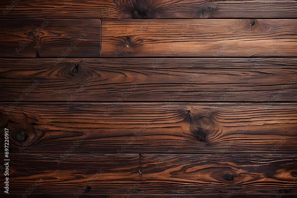 Fototapeta premium Time-worn, earthy brown wooden panels or parquet flooring - panoramic texture ideal for architectural visualization or web banners, copy space, detailed.