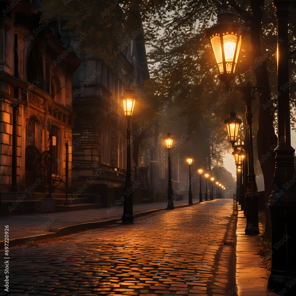 Vintage street lamps casting a warm glow on a cobblestone street.