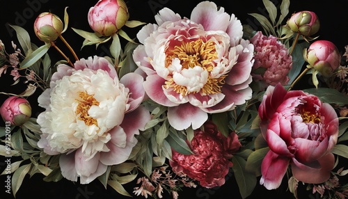 vintage bouquet of beautiful peonies on black floristic decoration floral background baroque old fashiones style natural flowers pattern wallpaper or greeting card