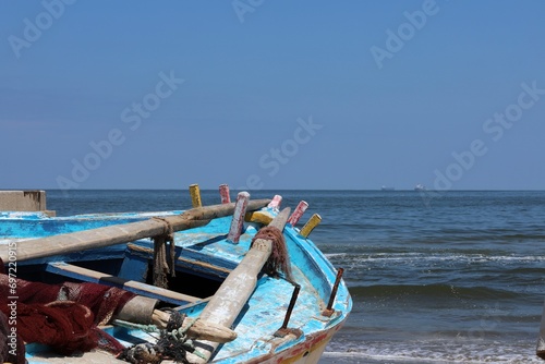Boat, fishing vessel, sea, seascape, horizon, sky, blue, shore, waves, water, nature