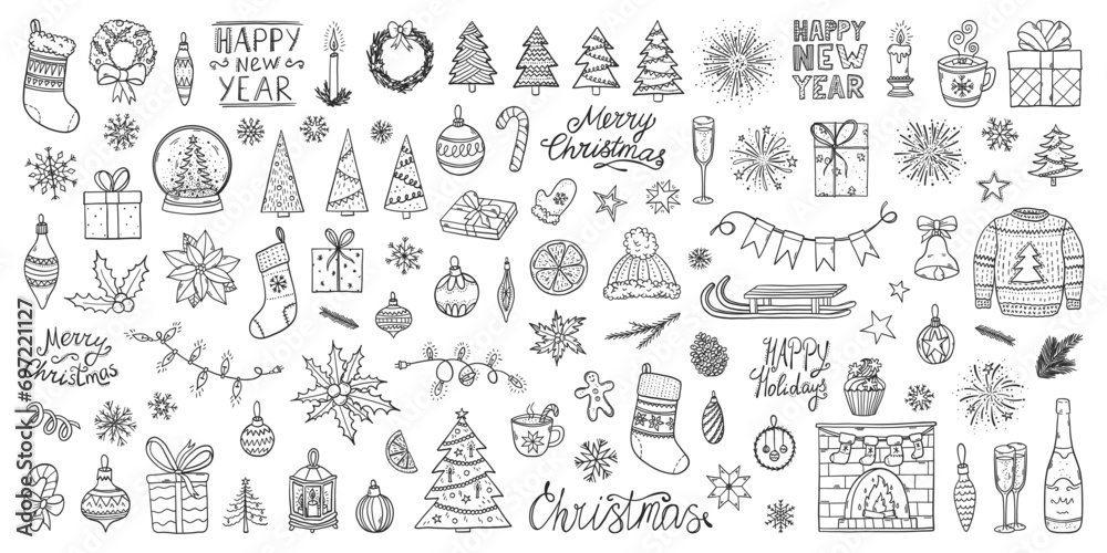 Christmas doodles set. New Year doodle. Christmas symbols simple sketch. Winter holiday doodles with christmas trees, snowflakes, presents. New Year padge badges.