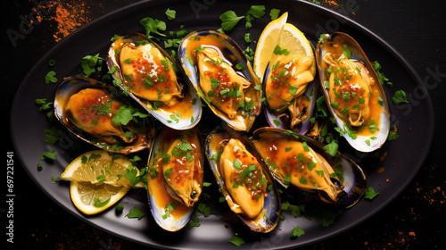 Fresh mussels with herbs and spices on black background, top view