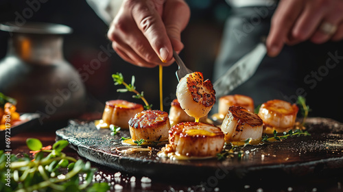 Chef cooking scallops with sauce on black plate, closeup photo