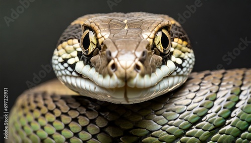 close up of calm snake face isolated on dark background