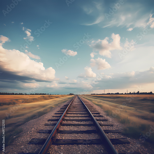 Train tracks disappearing into the distance under a vast open sky.