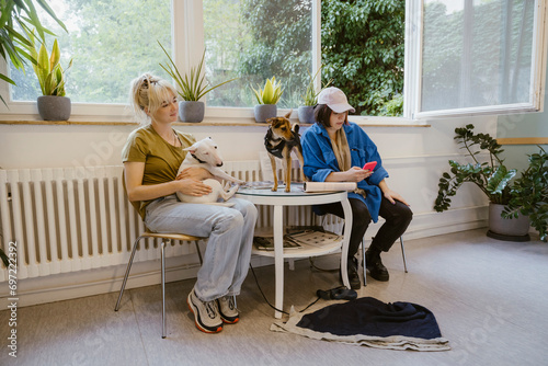 Female owners with purebred dogs waiting in animal hospital photo