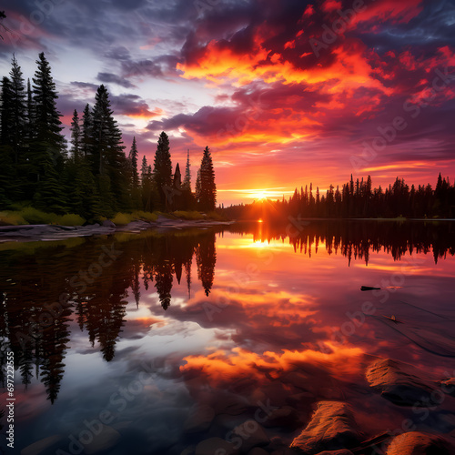 Tranquil lake reflecting the warm hues of a sunset.