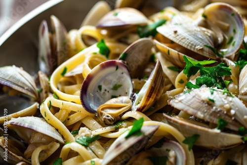 Savor the Sea: Linguine alle Vongole - A Gastronomic Delight of Thin Linguine with Clams, Elevating Italian Cuisine with the Perfect Blend of Mediterranean Flavors and Culinary Expertise.

