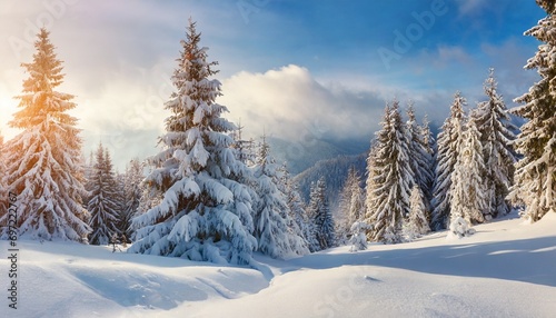 fabulous winter panorama of mountain forest with snow covered fir trees colorful outdoor scene happy new year celebration concept beauty of nature concept background © joesph