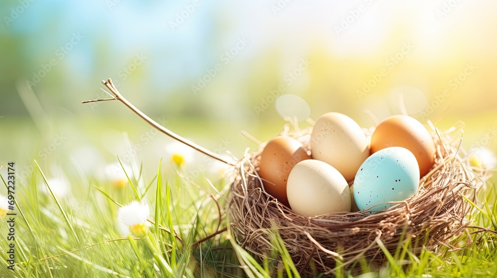 Nest with easter eggs in grass on a sunny spring day Nest with easter eggs in grass on a sunny spring day