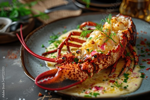 Gastronomic Symphony: Indulge in the Extravagance of Lobster Thermidor, Featuring Succulent Tail Cooked to Perfection in a Creamy Sauce. photo