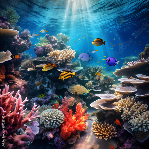 Underwater scene with diverse marine life and vibrant coral reefs.