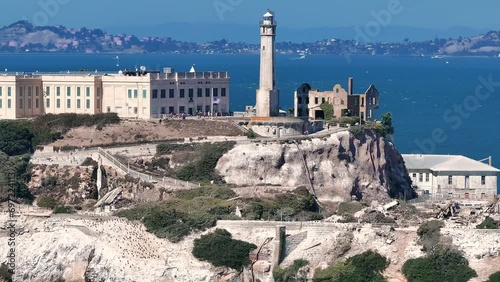 Aerial view of Alcatraz island in the San Francisco Bay. Close up view of the classical prison of Alcatraz, USA. 