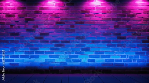 Brick wall with neon spot lights. Pink and blue electric light. Purple glow brickwall with copy space.
