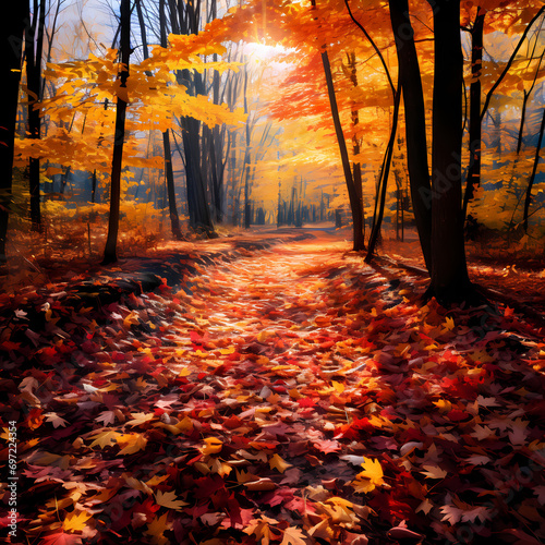 Vibrant autumn leaves creating a carpet of colors in a forest.