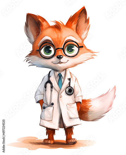 Watercolor drawing of a fox doctor in a medical uniform with a stethoscope around his neck. Hand drawn fox character illustrations without background in PNG format. nurse, pediatrician, therapist. photo