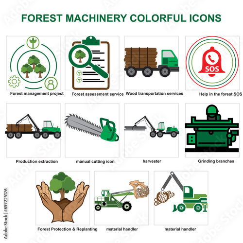 The "Forest Machinery Vector Icons Set" is a comprehensive collection of high-quality icons that depict various types of machinery used in forestry operations.