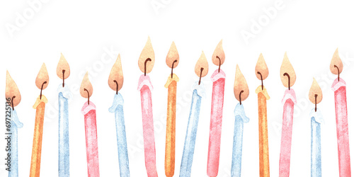 Candle seamless Border. Watercolor illustration of Baby Birthday decoration. Hand drawn on white isolated background. Drawing of boho party pattern. Painting of template frame for card and invitation