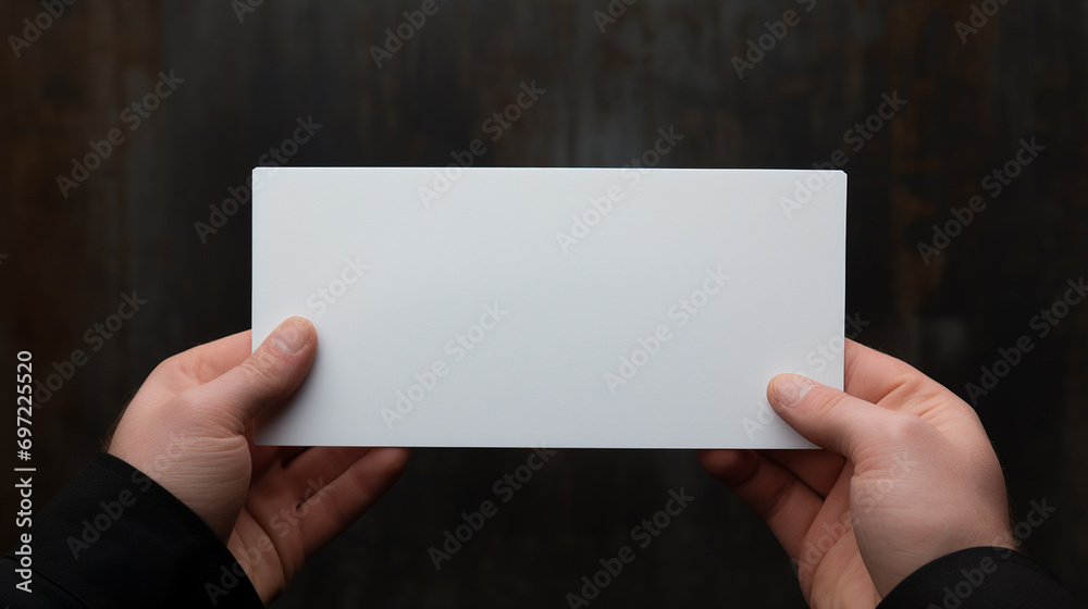 Obraz premium Hands holding a white envelope on dark background